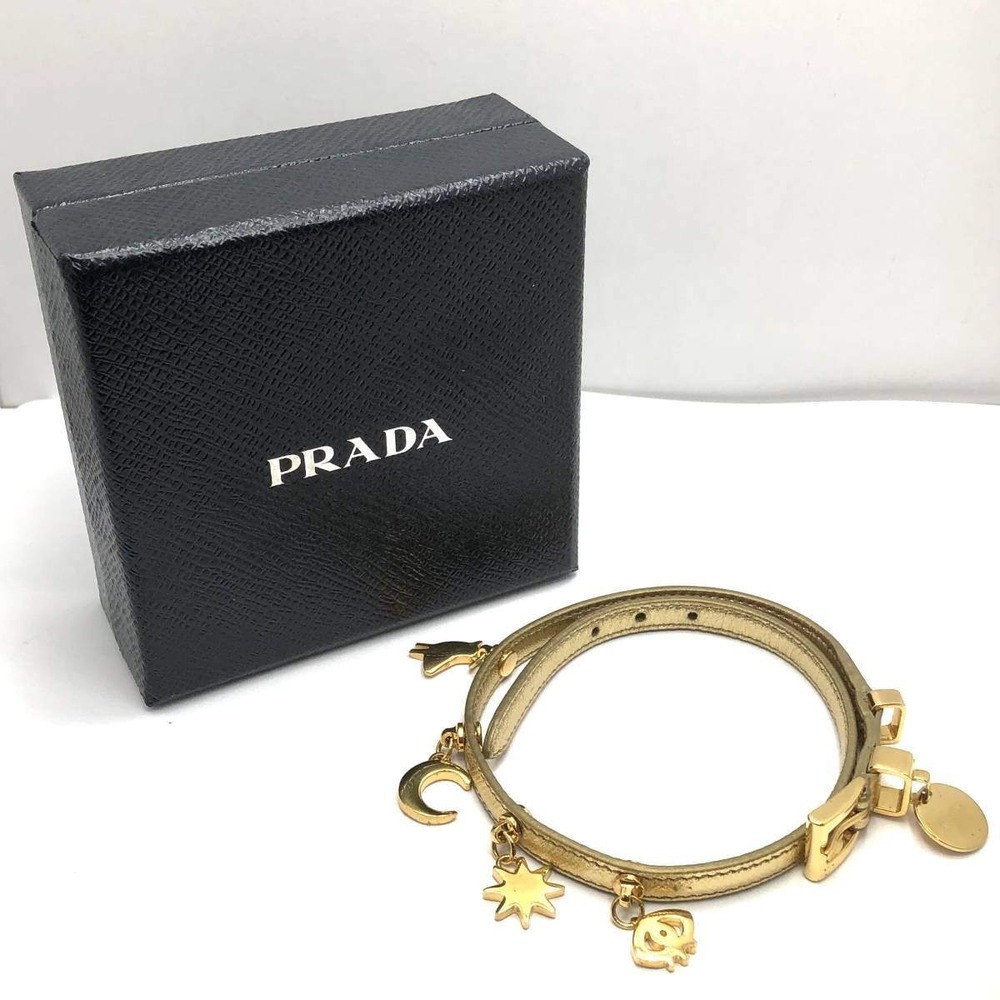 Prada Metallic Gold Leather Double Wrap Charm Bracelet Celestial Star‎ Moon Box